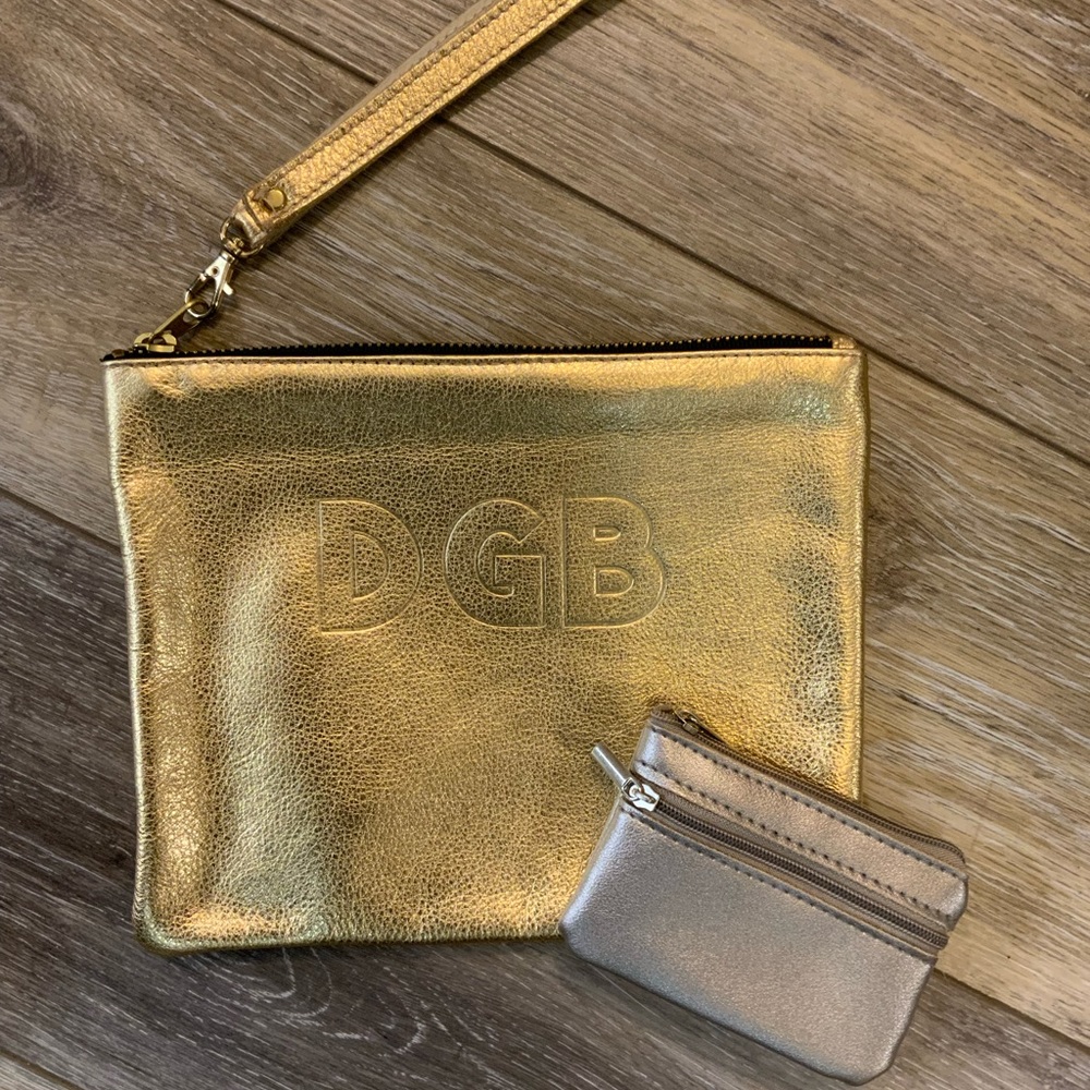 Lisa Stewart gold leather wristlet with an extra silver coin purse.